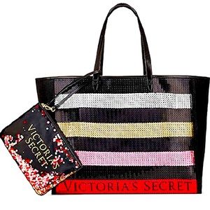 Victoria's Secret Black Sequin Stripe Tote Bag and Mini Bag Set